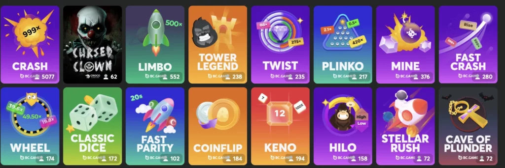 Crash, Plinko, Dice
